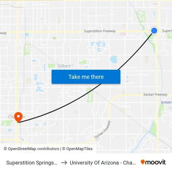Superstition Springs Pnr to University Of Arizona - Chandler map