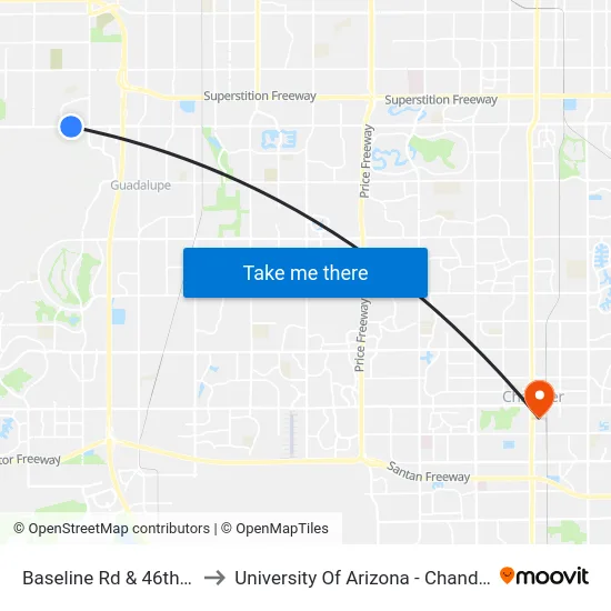Baseline Rd & 46th St to University Of Arizona - Chandler map