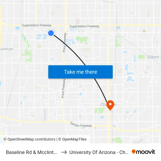 Baseline Rd & Mcclintock Dr to University Of Arizona - Chandler map