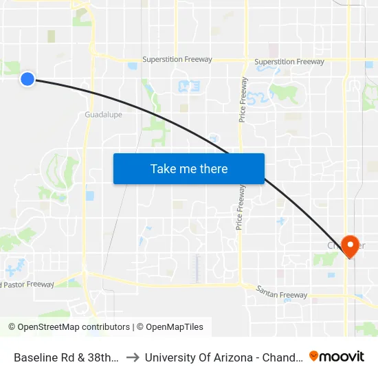 Baseline Rd & 38th Pl to University Of Arizona - Chandler map