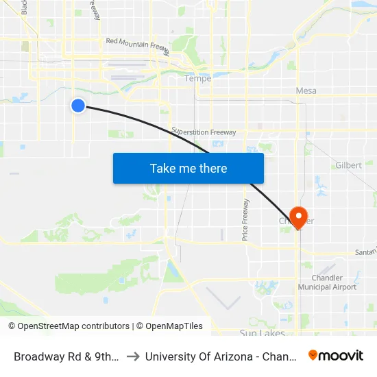 Broadway Rd & 9th St to University Of Arizona - Chandler map
