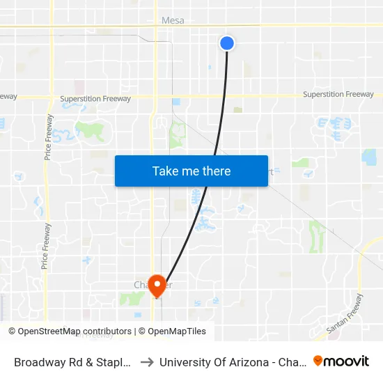Broadway Rd & Stapley Dr to University Of Arizona - Chandler map