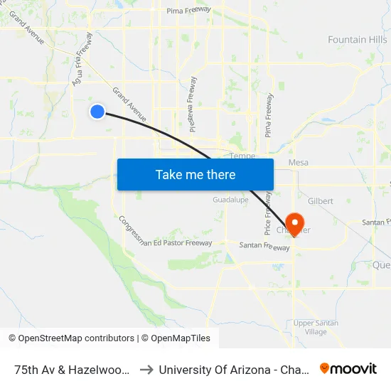 75th Av & Hazelwood Av to University Of Arizona - Chandler map