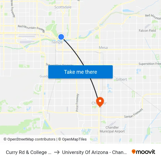 Curry Rd & College Av to University Of Arizona - Chandler map