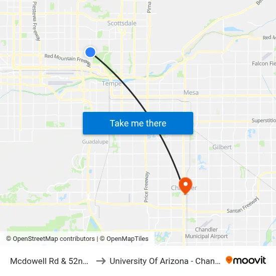 Mcdowell Rd & 52nd St to University Of Arizona - Chandler map