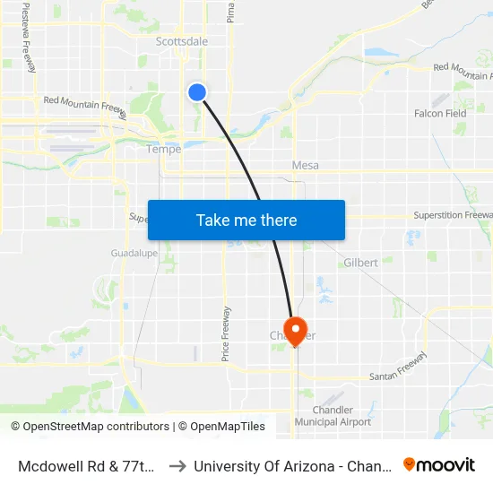 Mcdowell Rd & 77th St to University Of Arizona - Chandler map