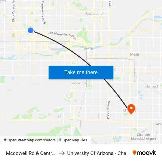 Mcdowell Rd & Central Av to University Of Arizona - Chandler map