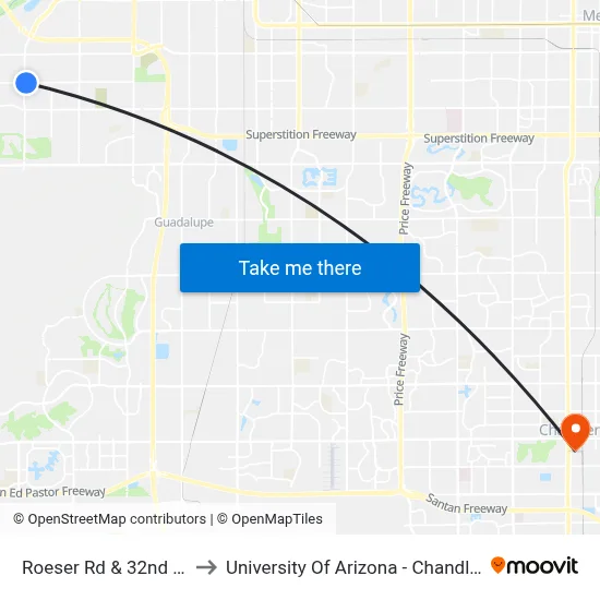 Roeser Rd & 32nd St to University Of Arizona - Chandler map