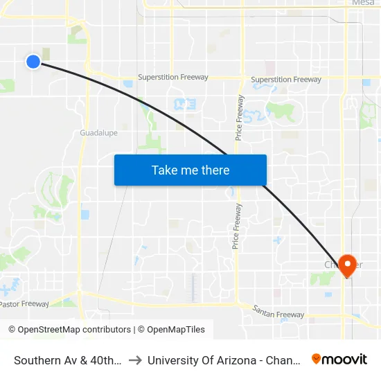 Southern Av & 40th St to University Of Arizona - Chandler map