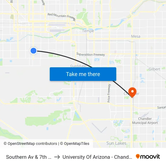 Southern Av & 7th St to University Of Arizona - Chandler map