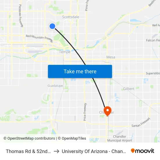 Thomas Rd & 52nd St to University Of Arizona - Chandler map