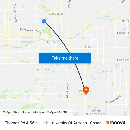 Thomas Rd & 56th St to University Of Arizona - Chandler map
