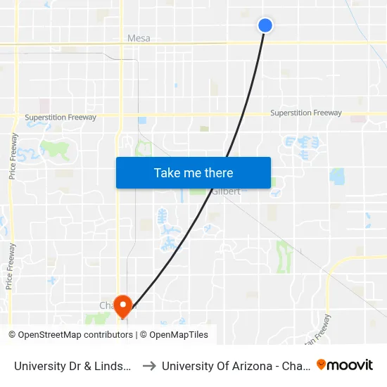 University Dr & Lindsay Rd to University Of Arizona - Chandler map