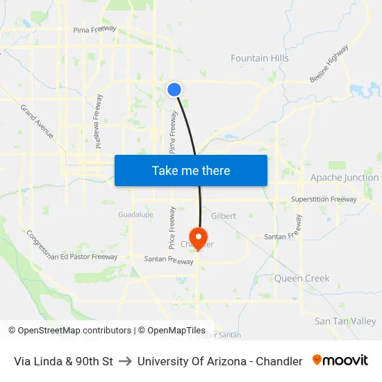Via Linda & 90th St to University Of Arizona - Chandler map