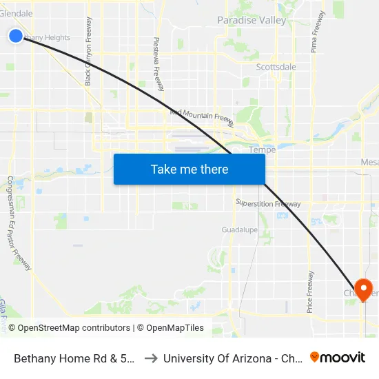 Bethany Home Rd & 59th Av to University Of Arizona - Chandler map