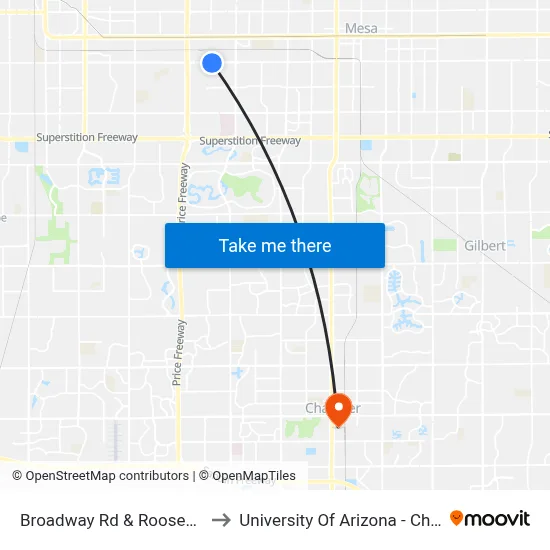Broadway Rd & Roosevelt Rd to University Of Arizona - Chandler map