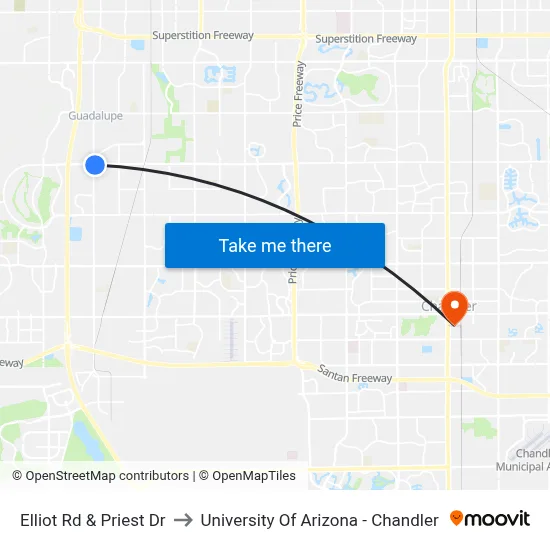 Elliot Rd & Priest Dr to University Of Arizona - Chandler map