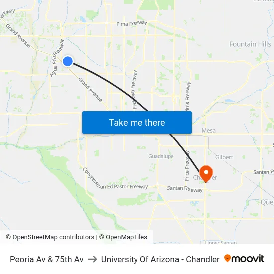Peoria Av & 75th Av to University Of Arizona - Chandler map