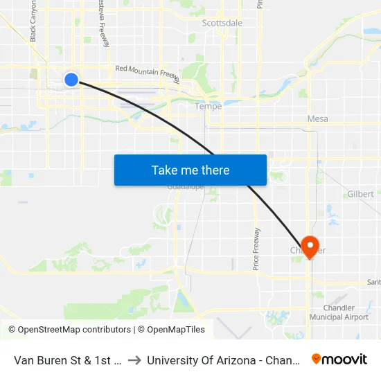 Van Buren St & 1st Av to University Of Arizona - Chandler map
