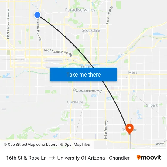 16th St & Rose Ln to University Of Arizona - Chandler map