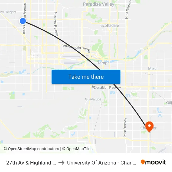 27th Av & Highland Av to University Of Arizona - Chandler map