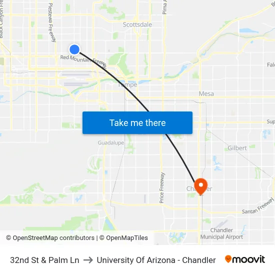 32nd St & Palm Ln to University Of Arizona - Chandler map