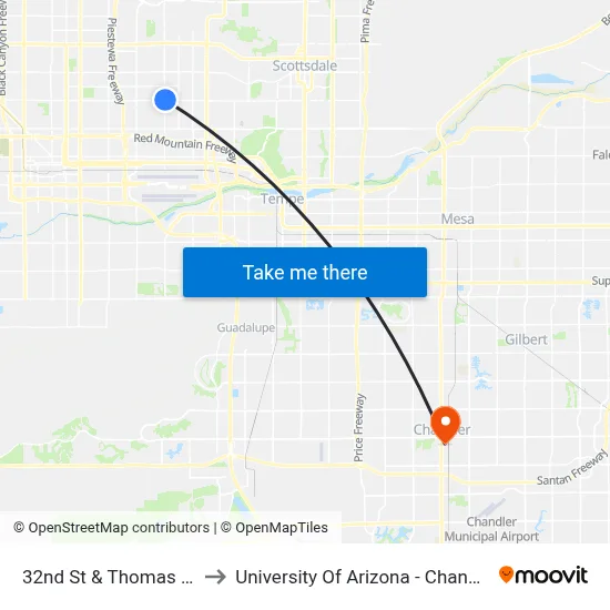 32nd St & Thomas Rd to University Of Arizona - Chandler map