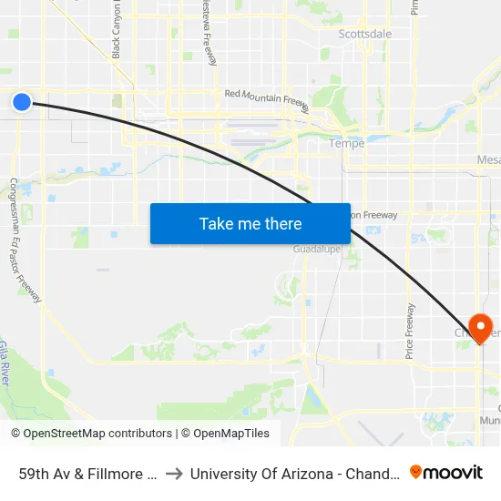59th Av & Fillmore St to University Of Arizona - Chandler map