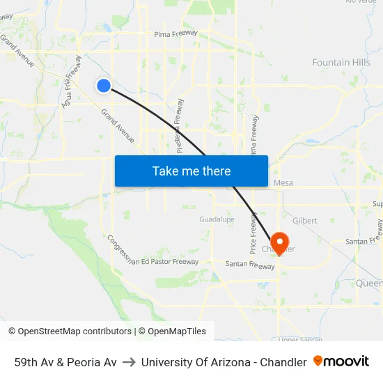 59th Av & Peoria Av to University Of Arizona - Chandler map