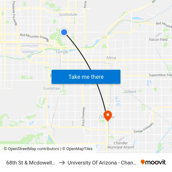 68th St & Mcdowell Rd to University Of Arizona - Chandler map