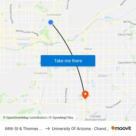 68th St & Thomas Rd to University Of Arizona - Chandler map