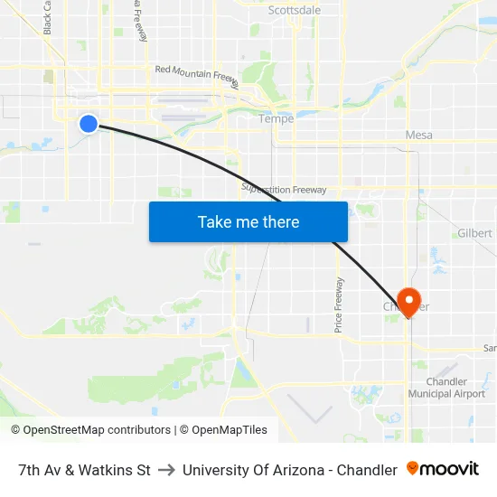 7th Av & Watkins St to University Of Arizona - Chandler map