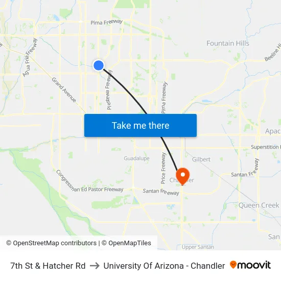 7th St & Hatcher Rd to University Of Arizona - Chandler map