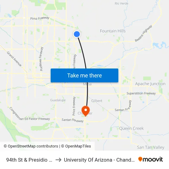 94th St & Presidio Dr to University Of Arizona - Chandler map