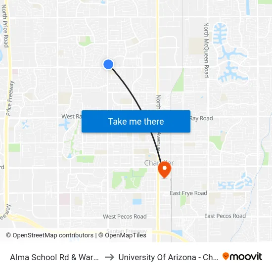 Alma School Rd & Warner Rd to University Of Arizona - Chandler map