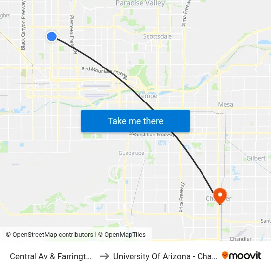 Central Av & Farrington Ln to University Of Arizona - Chandler map