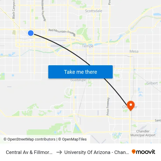 Central Av & Fillmore St to University Of Arizona - Chandler map