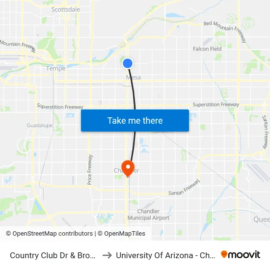 Country Club Dr & Brown Rd to University Of Arizona - Chandler map