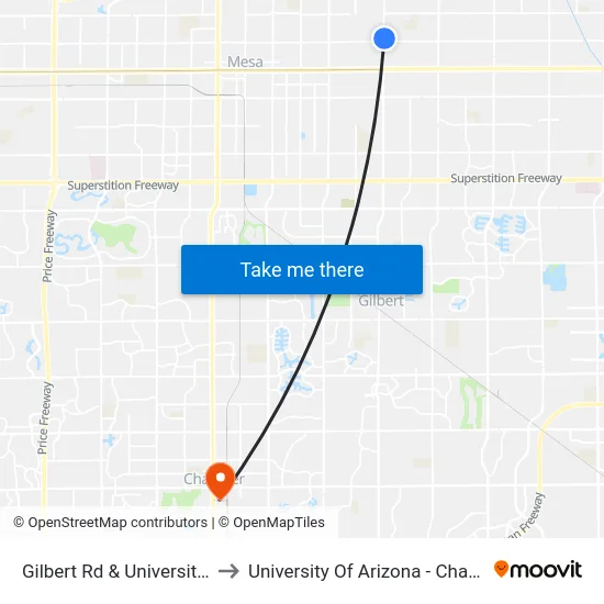Gilbert Rd & University Dr to University Of Arizona - Chandler map