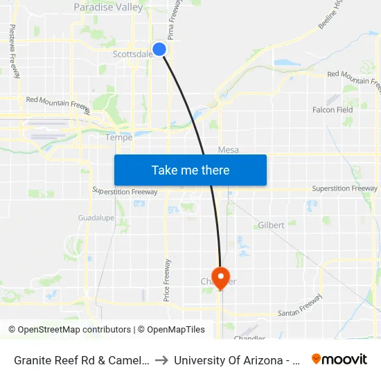 Granite Reef Rd & Camelback Rd to University Of Arizona - Chandler map