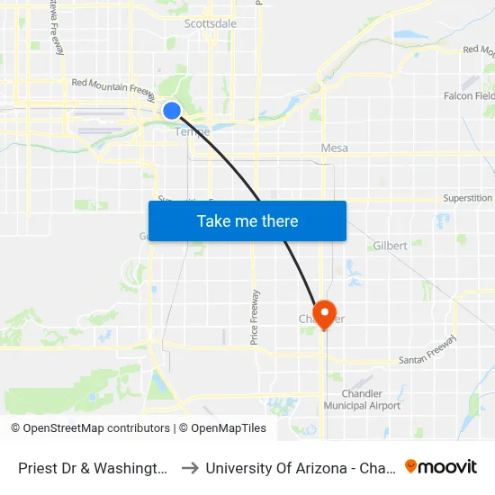 Priest Dr & Washington St to University Of Arizona - Chandler map