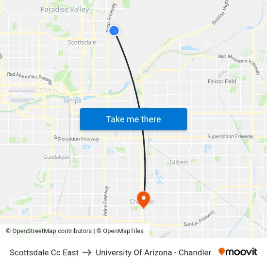 Scottsdale Cc East to University Of Arizona - Chandler map
