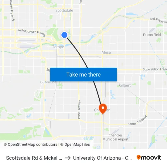 Scottsdale Rd & Mckellips Rd to University Of Arizona - Chandler map