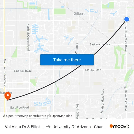 Val Vista Dr & Elliot Rd to University Of Arizona - Chandler map