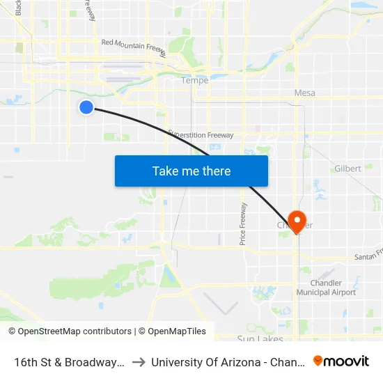 16th St & Broadway Rd to University Of Arizona - Chandler map