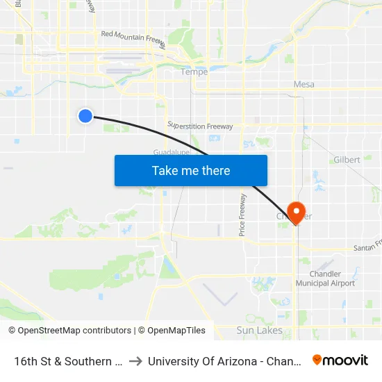 16th St & Southern Av to University Of Arizona - Chandler map