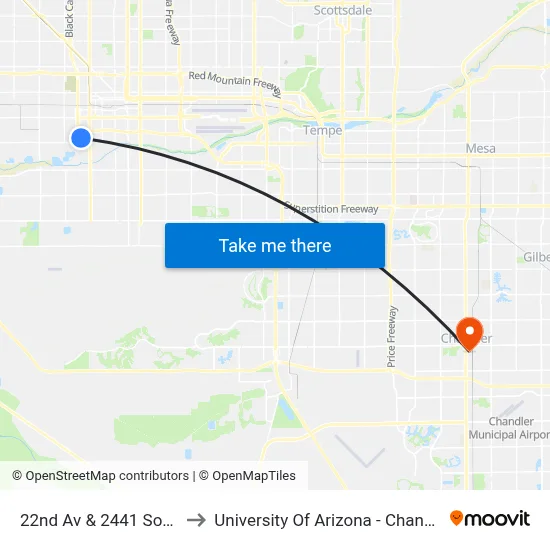 22nd Av & 2441 South to University Of Arizona - Chandler map