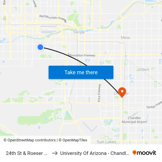 24th St & Roeser Rd to University Of Arizona - Chandler map
