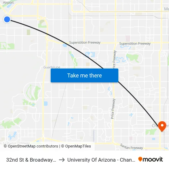 32nd St & Broadway Rd to University Of Arizona - Chandler map