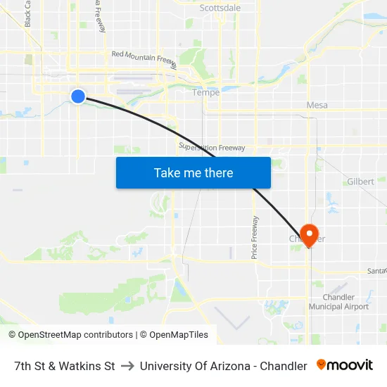 7th St & Watkins St to University Of Arizona - Chandler map